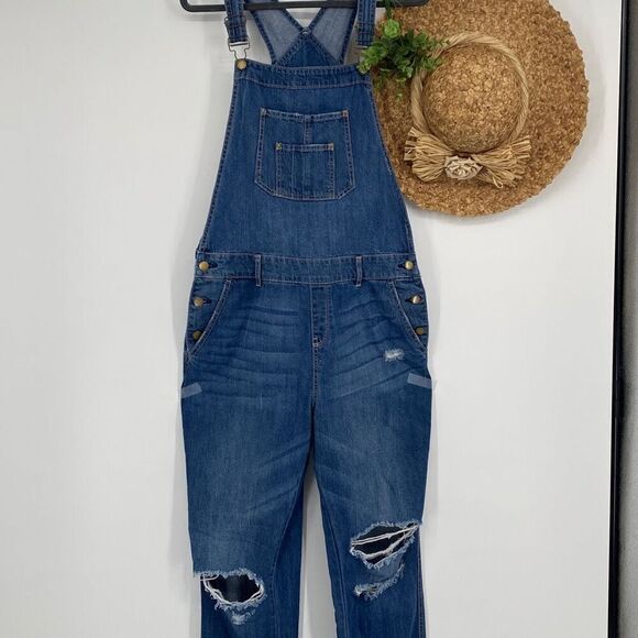American Rag Denim Overalls Straight Leg Distressed  Stretch Pockets Blue Size 1 - Picture 1 of 15